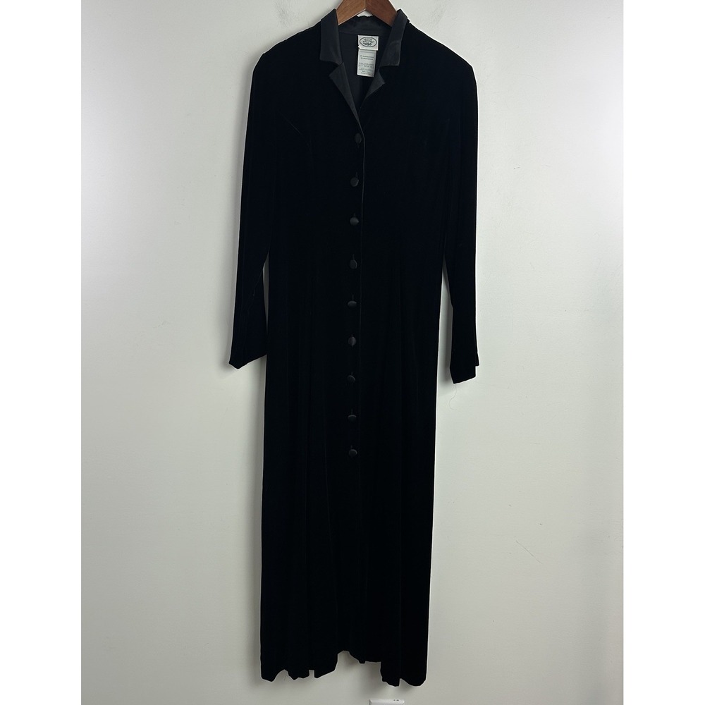 Vintage Laura Ashley‎ Black Velvet Maxi Dress Silk Long Sleeve Button Front Sz 8